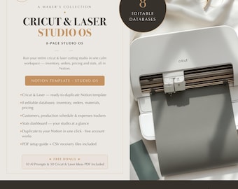Cricut & Laser Maker Notion Template, Studio Planner, 8 Databases, Inventory and Business Records, Digital Download