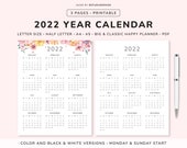 2022 Year Calendar Printable, Yearly Wall Calendar, Desk Calendar, Year At A Glance Sunday & Monday Start, A5, A4, Letter, Half, Vertical