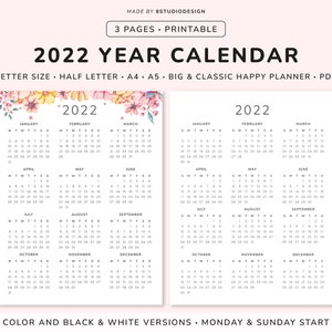 2022 Year Calendar Printable, Yearly Wall Calendar, Desk Calendar, Year At A Glance Sunday & Monday Start, A5, A4, Letter, Half, Vertical