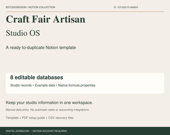 Craft Fair Artisan Notion Template, Studio Planner, 8 Databases, Inventory and Business Records, Digital Download