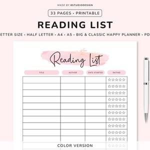 Elenco di lettura - Pianificatore stampabile, Tracker di lettura, Diario di lettura, Registro di lettura, Tracker di libri, Registro di libri, Recensione di libri, Inserto di pianificazione felice