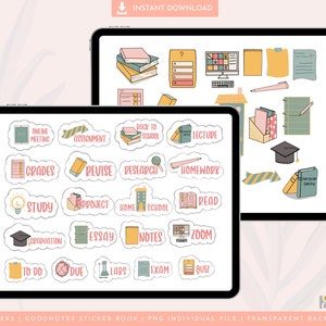 May include: A set of 44 digital stickers for Goodnotes featuring a variety of school-themed illustrations. The stickers are in a pastel color palette and include images of books, pencils, a graduation cap, and text labels like "Study", "Homework", and "Exam".