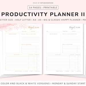 Productivity Planner Printable - Daily Weekly Monthly Planner BUNDLE, Printable Planner Pages, Half Size, A5, A4, Letter, PDF, Happy Planner
