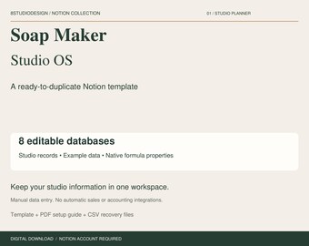 Soap Maker Notion Template, Studio Planner, 8 Databases, Inventory and Business Records, Digital Download