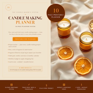May include: A 10-page printable candle making planner PDF with text detailing project trackers, wax and fragrance logs, and calendars. The design features a light beige background with brown text, two amber glass candles, and two orange slices.