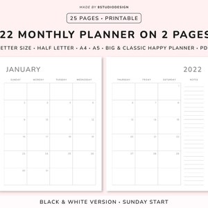2022 Monthly Planner Printable, Dated Month on 2 Pages, Monthly Organizer, 2022 Calendar, Month at a Glance, A5, A4, Letter, Happy Planner