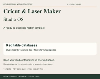 Cricut & Laser Maker Notion Template, Studio Planner, 8 Databases, Inventory and Business Records, Digital Download