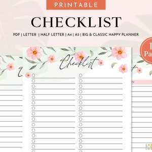 May include: Printable checklist with 19 pages featuring a floral design with pink flowers and green leaves on a light green background. The checklist has a title that says "Checklist" and has a list of circles for checking off items.