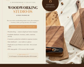 Woodworking Carpentry Notion Template, Studio Planner, 8 Databases, Inventory and Business Records, Digital Download