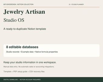 Jewelry Artisan Notion Template, Studio Planner, 8 Databases, Inventory and Business Records, Digital Download