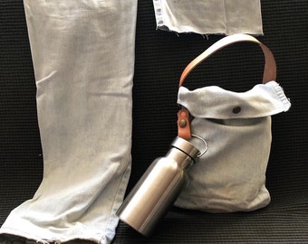 Denim + Leather Customizable Lunch Bag with Bottle/Thermos Attachment