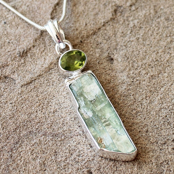 925 Solid Sterling Silver Raw Rough Cut Semi Precious Natural Green Kyanite and Peridot Gemstone Pendant