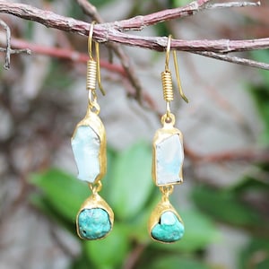 Gold Larimar & Turquoise Dangle Earrings – Natural Raw Gemstone Boho Jewelry, Handmade Blue Stone Drop Earrings, Unique Gift for Her