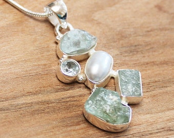 Raw Aquamarine & Pearl Pendant – 925 Solid Sterling Silver – Faceted and Rough Cut Natural Blue Gemstone – Boho Artisan Jewelry