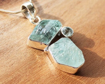 Raw Aquamarine Pendant – 925 Solid Sterling Silver – Faceted and Rough Cut Natural Blue Gemstone – Boho Artisan Jewelry - multiple stones