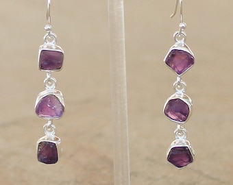 Small Delicate Raw Amethyst Dangle Drop Earrings – 925 Solid Sterling Silver – Rough Cut Natural Purple Gemstone – Boho Artisan Jewelry