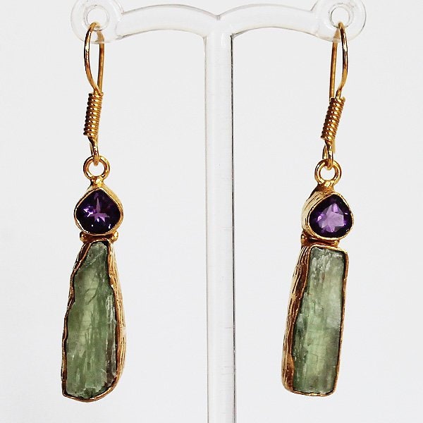 24ct Gold Plated Semi Precious Raw Rough Cut Natural Green Kyanite and Faceted Purple Amethyst Stone Drop Earrings