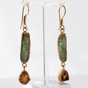 24ct Gold Plated Semi Precious Raw Rough Cut Natural Green Kyanite and Yellow Citrine Stone Drop Earrings