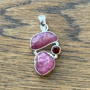Raw Ruby & Garnet Pendant – 925 Solid Sterling Silver – Faceted and Rough Cut Natural Red Gemstone – Boho Artisan Jewelry - multiple stones Design 1