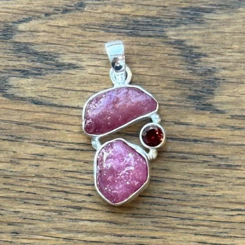 Raw Ruby & Garnet Pendant – 925 Solid Sterling Silver – Faceted and Rough Cut Natural Red Gemstone – Boho Artisan Jewelry - multiple stones Design 1