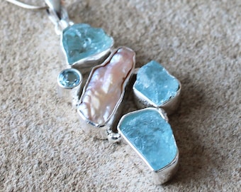 Raw Aquamarine & Bidwa Pearl Pendant – 925 Solid Sterling Silver – Rough Cut Natural Blue Gemstone – Boho Artisan Jewelry - multiple stones