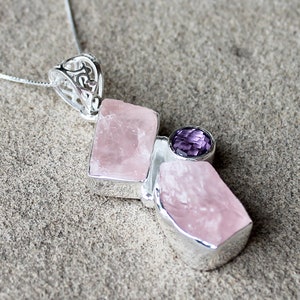 Raw Rose Quartz & Purple Amethyst Pendant – 925 Solid Sterling Silver – Faceted and Rough Cut Natural Pink Gemstone – Boho Artisan Jewelry