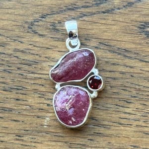Raw Ruby & Garnet Pendant – 925 Solid Sterling Silver – Faceted and Rough Cut Natural Red Gemstone – Boho Artisan Jewelry - multiple stones Design 3