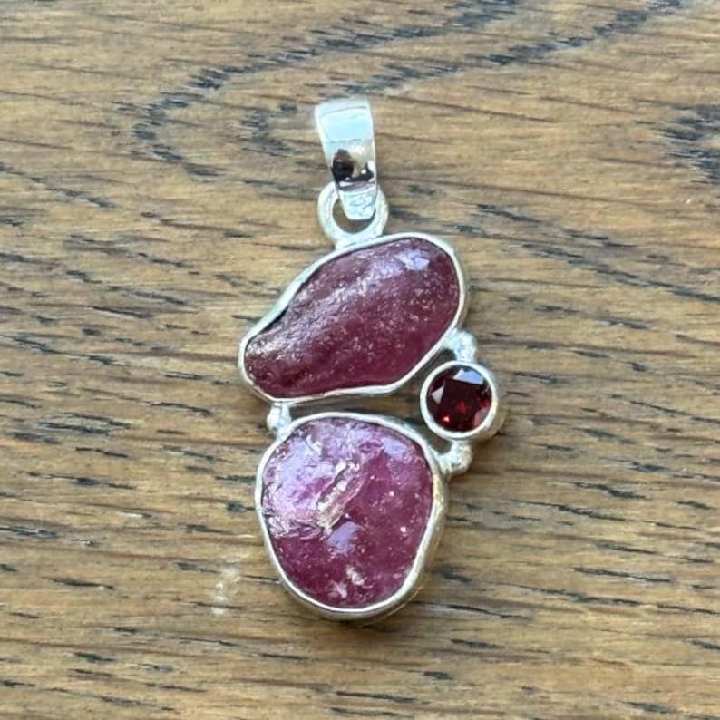 Raw Ruby & Garnet Pendant – 925 Solid Sterling Silver – Faceted and Rough Cut Natural Red Gemstone – Boho Artisan Jewelry - multiple stones Design 3