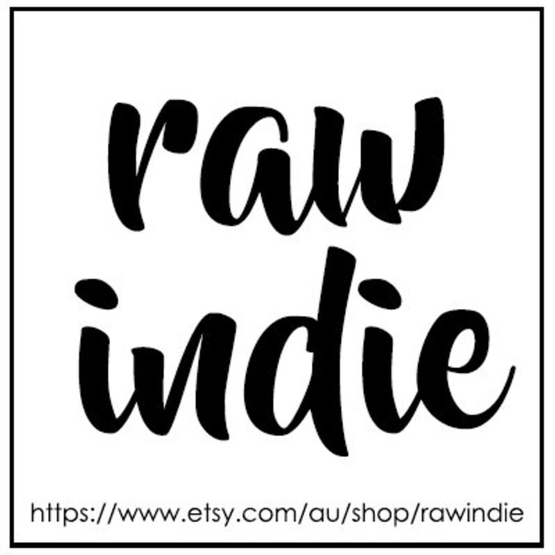 May include: Black and white text graphic with the words "raw indie" in a stylized font. The text is on a white background. The text is linked to a website: https://www.etsy.com/au/shop/rawindie