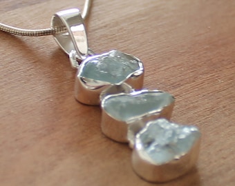 Raw Aquamarine Pendant – 925 Solid Sterling Silver – Faceted and Rough Cut Natural Blue Gemstone – Boho Artisan Jewelry - multiple stones
