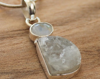 925 Solid Sterling Silver Raw Rough Cut Semi Precious Natural White Rainbow Moonstone Stone Pendant