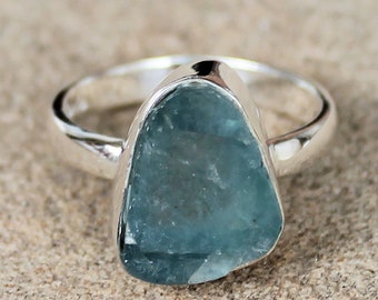 Bague en fluorite brute - Argent sterling massif 925 - Pierres précieuses naturelles vert-bleu brutes - Bijoux artisanaux bohèmes - Forme organique