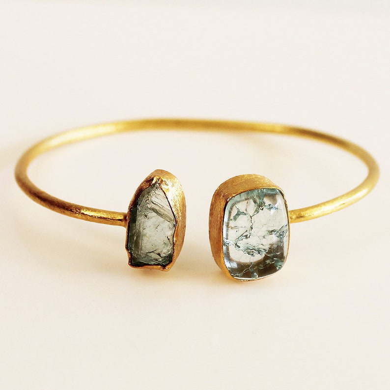 24ct Gold Plated Semi Precious Stone Rough Aquamarine and Snakeskin Jasper Bracelet