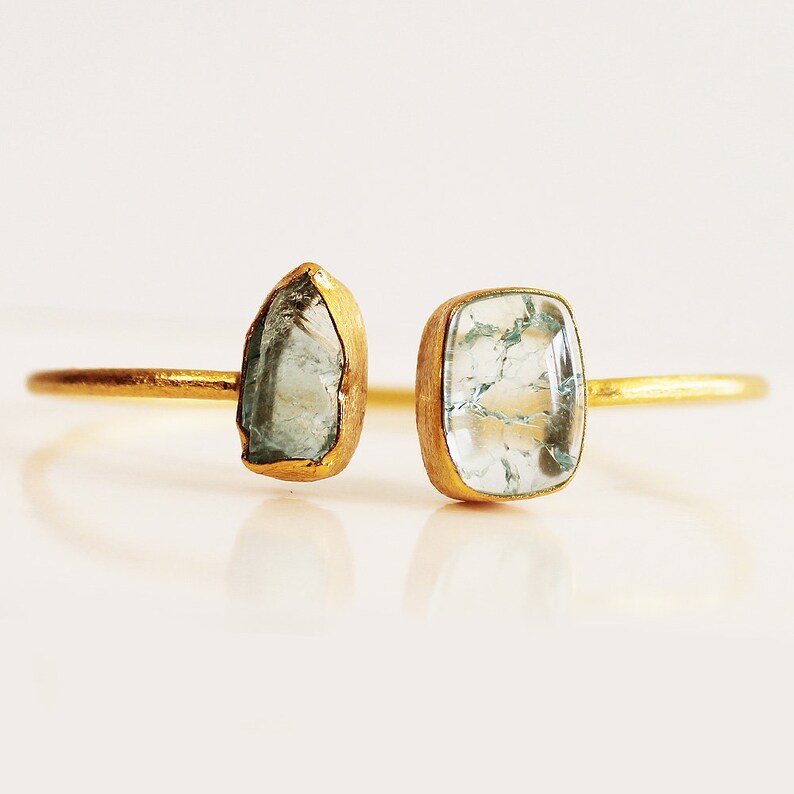 24ct Gold Plated Semi Precious Stone Rough Aquamarine and Snakeskin Jasper Bracelet