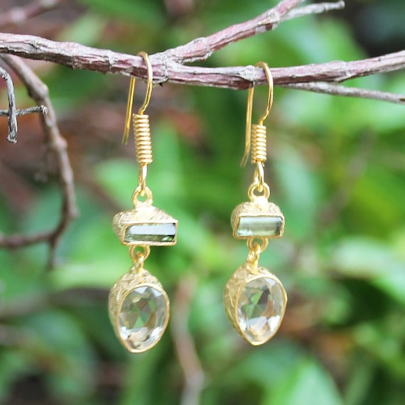 Gold Green Amethyst Tourmaline Dangle Earrings – Handmade Boho