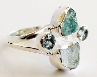 Rå akvamarinring – 925 massivt sterlingsilver – fasetterad och grovslipad naturlig blå ädelsten – Boho hantverkssmycken – organisk form