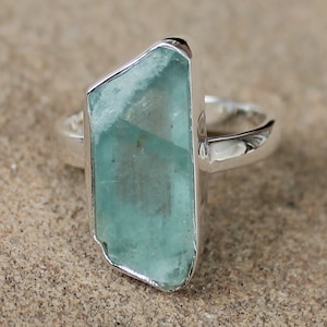 Raw Kyanite Ring – 925 Solid Sterling Silver – Rough Cut Natural Green Gemstone – Boho Artisan Jewelry - Organic shape