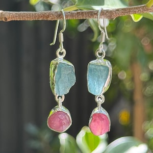 Raw Aquamarine & Ruby Drop Earrings – 925 Solid Sterling Silver – Rough Cut Natural Blue-Red Dangle Gemstone – Boho Artisan Jewelry