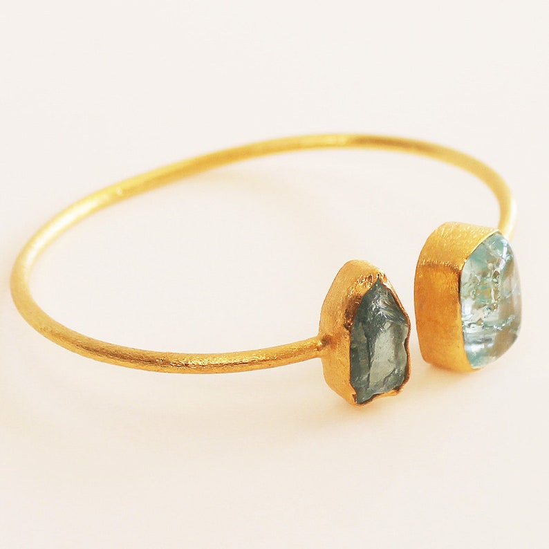 24ct Gold Plated Semi Precious Stone Rough Aquamarine and Snakeskin Jasper Bracelet