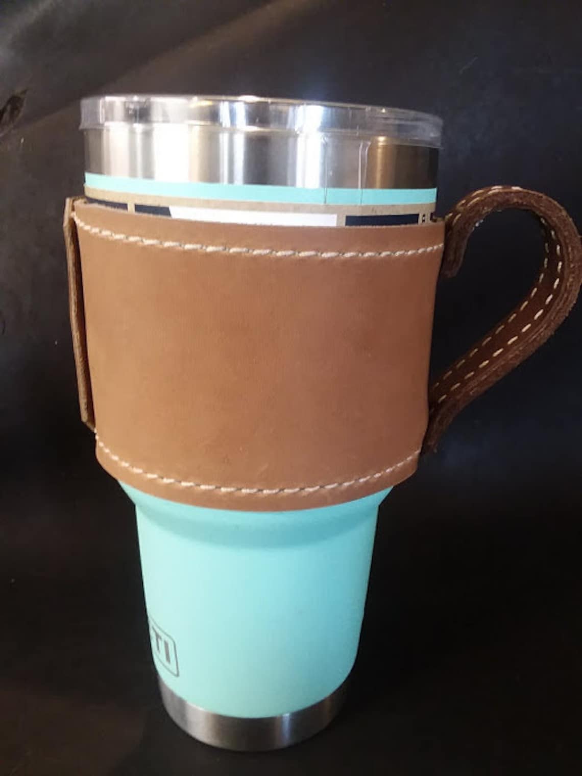30oz Leather Beverage Holder Yeti Sleeve With Handle Tumbler Etsy