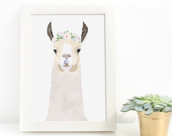 Llama Lover Gift for Her Alpaca Flower Crown Watercolor Nursery Decor Girls Room Home Decor Digital Download Animal Art Printable Wall Art