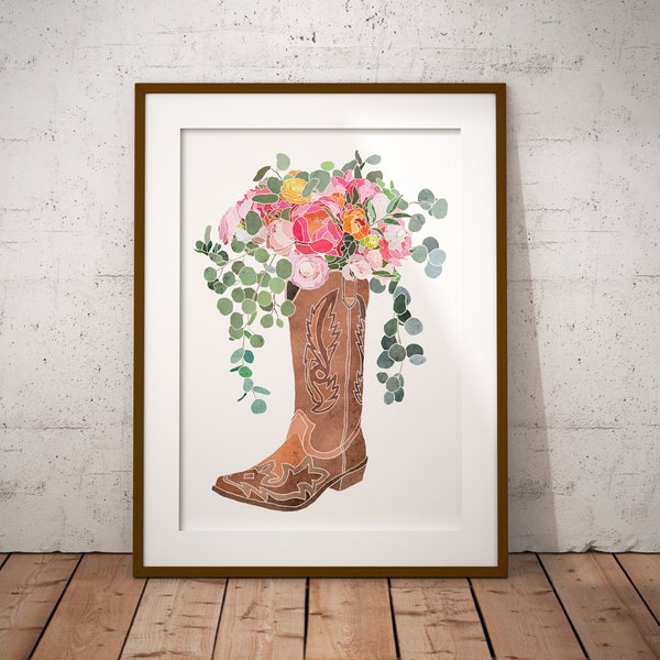 Floral Cowgirl Boot Watercolor Flowers Western Cowboy Boots Bouquet Wall Art Home Decor Digital Download Printable Farm Girl Gift for Her