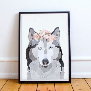 Husky Liebhaber Blumenkrone Aquarell digitaler Download Wand Kunst druckbare Haustier Porträt Hund Liebhaber Geschenk für sie Home Decor Herunterladbare Drucke