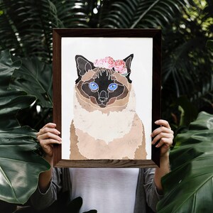 Cat Pet Portrait Flower Crown Watercolor Wall Art Poster Digital Download Gift for Her Cat Lover Gift Printable Home Decor Dorm Wall Hanging
