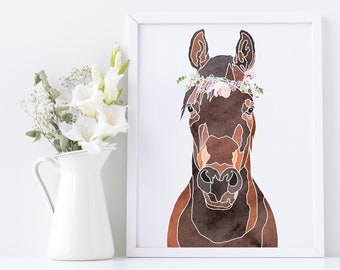 Horse Lover Gift for Her Pony Flower Crown Watercolor Nursery Decor Girls Room Home Decor Digital Download Pet Portrait Printable Wall Art