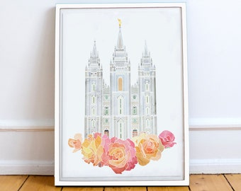Floral LDS Temple Art Watercolor Flowers Salt Lake Temple Wall Art Home Decor Digital Download Relief Society Printable Missionary Gift