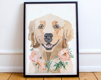 May include: A watercolor painting of a golden retriever dog wearing a floral crown. The dog is looking directly at the viewer with a happy expression. The background is a white wall.