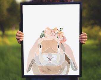 イースターバニー愛好家へのギフト 耳が垂れたウサギの花冠 水彩画 子供部屋の装飾 室内装飾 ポスター デジタルダウンロード ペット 印刷可能な壁アート