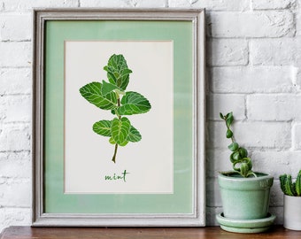 Mint Herb Kitchen Decor Watercolor Print Food Wall Art Herbal Home Decor Digital Download Kitchen Printable Gift for Her