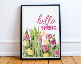 Hello Spring Art Tulip Bouquet Watercolor Flowers Wall Art Home Decor Digital Download Printable Poster Gift for Mom Downloadable Prints